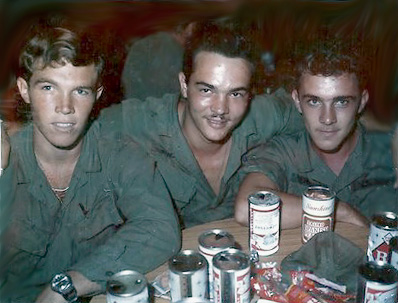 "We Were Soldiers...and Young Studs, Too"
Left: Michael Alexander, Bill Kull (old hairstyle) and Gary Farley.  They were performing a surprise inspection of the unit's beer supply.  Photo taken a base camp (naturally) before heading home in August, 1968.
