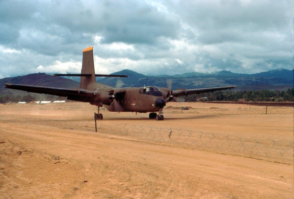Caribou Landing
The very first Caribou lands at the LZ Montezuma airstrip.  Later, the LZ was also known as "FSB Bronco".  The Caribou aircraft was still part of the Army inventory during Vietnam.
