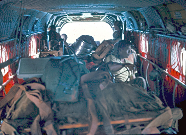 RSOP-ing
A look inside the Chinook.  A fully-loaded jeep is in the transport.

Enroute to LZ 10B
