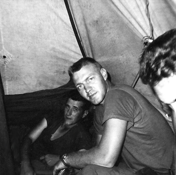 Tent Mates
Cpl John Kuntz, back; PFC James G. Hourigan, front.
