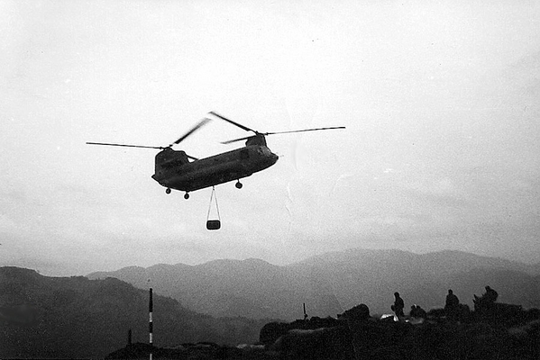 Fresh Water
A CH-47 delivering water blivets was a common sight at the firebases and always made for a great photo.  One of the main logistical tasks was keeping the troops supplied with fresh water as the streams were not reliable sources.
