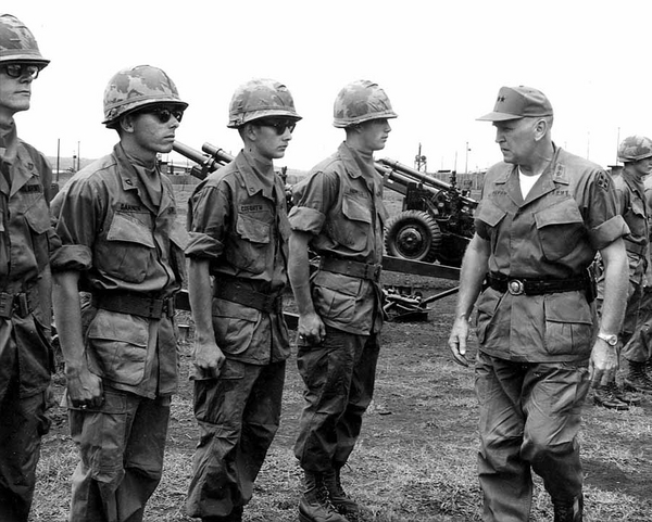 4th Division Commander MG Donn Pepke
The two-star comes to visit.  Standing in ranks: PFC Eugene E. Purcell, PFC Mark Gannon, PFC Ronnie A. Goforth, Sgt Howell & MG Pepke.  It was Memorial Day, 1969 at Camp Enari.
