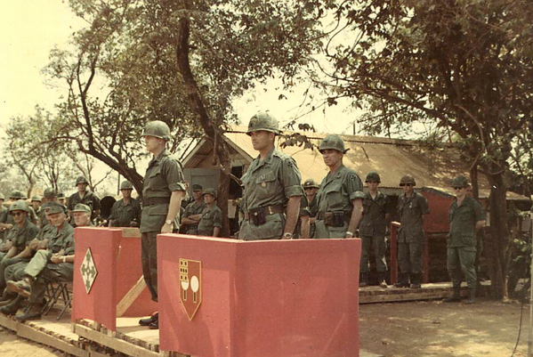 Pomp and Circumstance
Change of Command ceremony, 2/9th Arty Battalion Commanders, at LZ Oasis, 1969.  At left is LtCol Redmond Forrester (incoming) and LtCol Rich Wiles (outgoing).
