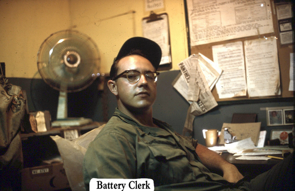 Battery Clerks of the 2/9th Arty
A true desk jockey...name unknown...but not any more.  Thanks to Sp5 James Keller, we now know that this is Sp5 Robert F. Biza, "B" Battery clerk.
