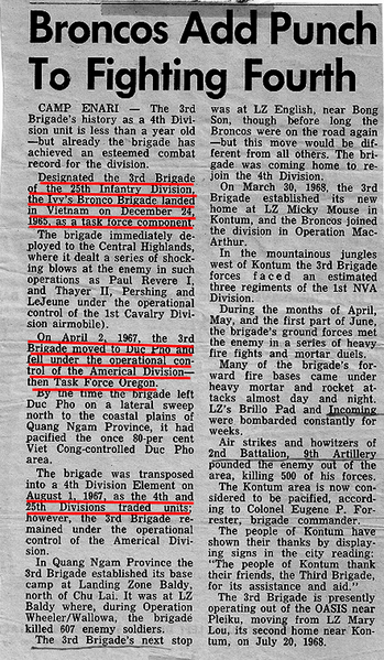 Yes...we got "swapped"
This clipping clearly delineates the events that occurred to the 3rd Brigade...often called "the Bastard Brigade" after its arrival in Nam.  This clipping has been added to the Mighty Ninth Homepage as documentation for the uninformed or the misinformed.  The brigades were not re-joined with their respective Divisions; the men were told to swap out their right shoulder patches.
