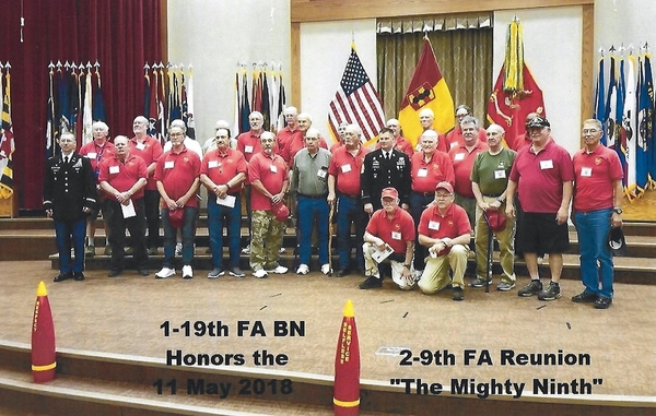 1/19th FA honors the 2/9th FA
The 1/19th FA, Jerry Orr's old unit, commemorated our 2018 visit with a group photo.  The highlights of sharing our reunion time with the 1/19th FA included meeting the trainees at the Dining Facilities, observing their marksmanship training skills at the firing range, attending a graduation, and...most of all...serving as a Group Panel to permit a new class of Trainees to ask any questions they wanted from a group experienced combat veterans.  The Battalion Commander made all of us "honorary members" of the 1/19th and we are welcome to return at any time.
