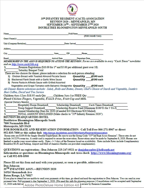 The 2020 Reunion Form...for all you Early Birds
The 35th Inf Regt Assn has already prepared the Registration Form for the 2020 Reunion in Minneapolis.

It will be sent out to all email addresses on file later next year.
