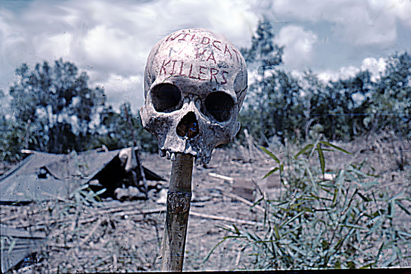 Subtle warning
Human skull posted on a spike.  It reads, "Wildcat NVA Killers".
