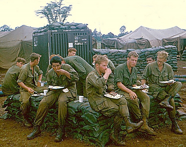 LZ St George (?)
Jenny notes that this photo was likely taken at LZ St George.  (Should note, however, that the location looks a little "built up" for a typical firebase). Could be grunts or redlegs having a chow-down.  Recognize anyone?
