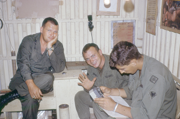 At LZ Liz
L to R: Captain Howard "Dutch" Hutsell (deceased), Bernhard, and Sp4 Buzz Nelson.  Hutsell served as the S-4 of the Battalion before moving on to Battery Commander.
